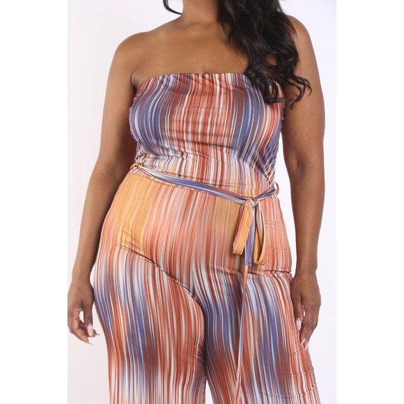 PLUS SIZE Sexy Printed Tube Jumpsuit With Self Belt Summer Off Shoulder - Picture 8 of 16